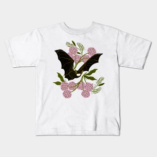 Black Bat with Cotton Flowers Kids T-Shirt